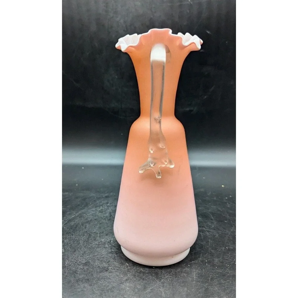 Victorian Peach Satin Glass Ewer / Pitcher Crimped Top & Applied Thorn Handle 8.